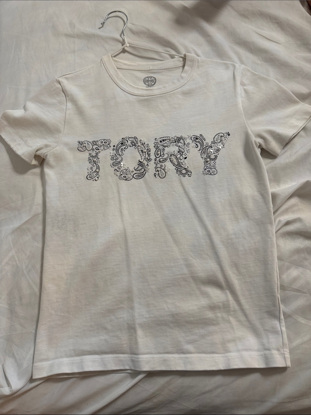 Tory Burch White Kids Graphic Tee with Paisley 'TORY' Logo